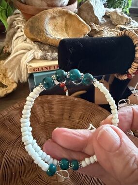Handcrafted White and Teal Memory Wire Beaded Bracelet